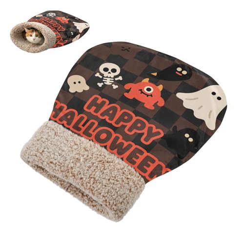 miaozhen Bolsas de cama para gatos de interior para cachorros y gatos, feliz Halloween, café, negro, saco de acurrucarse para mascotas, cómodo y acogedor, camas autocalentables para gatos en oferta