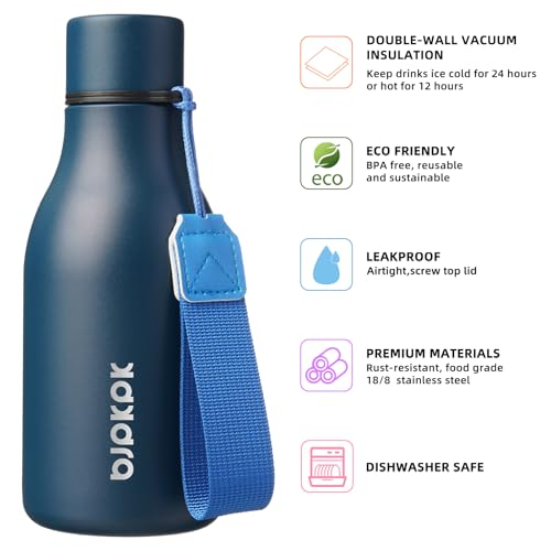 Image of BJPKPK Insulated Water Bottles, 12oz Stainless Steel Metal Water Bottle with Strap, BPA Free Leak Proof Jugs, Mugs, Flasks, Reusable Thermal Flasks for Sports & Travel, Navy Blue