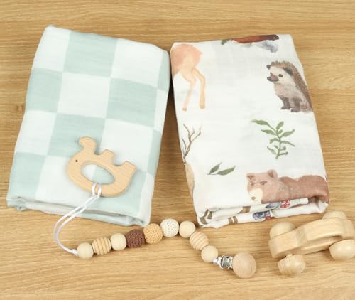 Image of Muslin Swaddle Blankets, Baby Neutral Swaddling Blanket for Boys Girls, Super Soft 70% Viscose from Bamboo and 30% Cotton, Large 47 inch x 47 inch, Safari Jungle & Checkered, Newborn Baby Registry