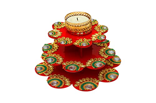 Designer Red Floor Rangoli With Tea Light Candle Holder Stand Decorative Tealight T Light For Festival Floor Decorations Lighting Accessories Home New Year Decor (Without Wax) #TOP27