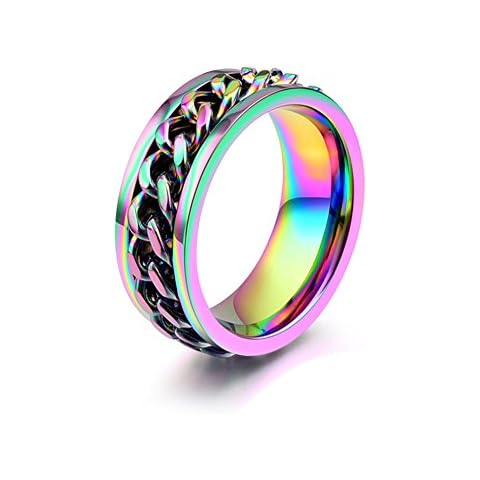 WaMLFac 8mm Titanium Steel Rainbow Spinner Cuban Link Chain Lucky Ring for Men Women Wedding Ring Cover