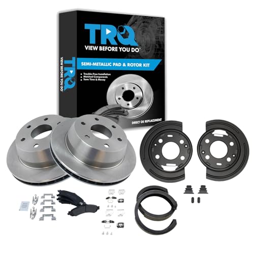 Image of TRQ Rear Brake Pad and Rotor Set Semi Metallic Compatible with 2002-2003 Cadillac Escalade 2002-2006 Chevrolet Silverado 1500 GMC Sierra 1500 2003 Yukon XL 1500 Avalanche 1500 Suburban 1500 Tahoe