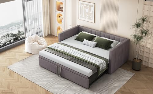 Sofá 2 en 1 de terciopelo gris extensible de 90 a 180x200 cm de alta gama 6