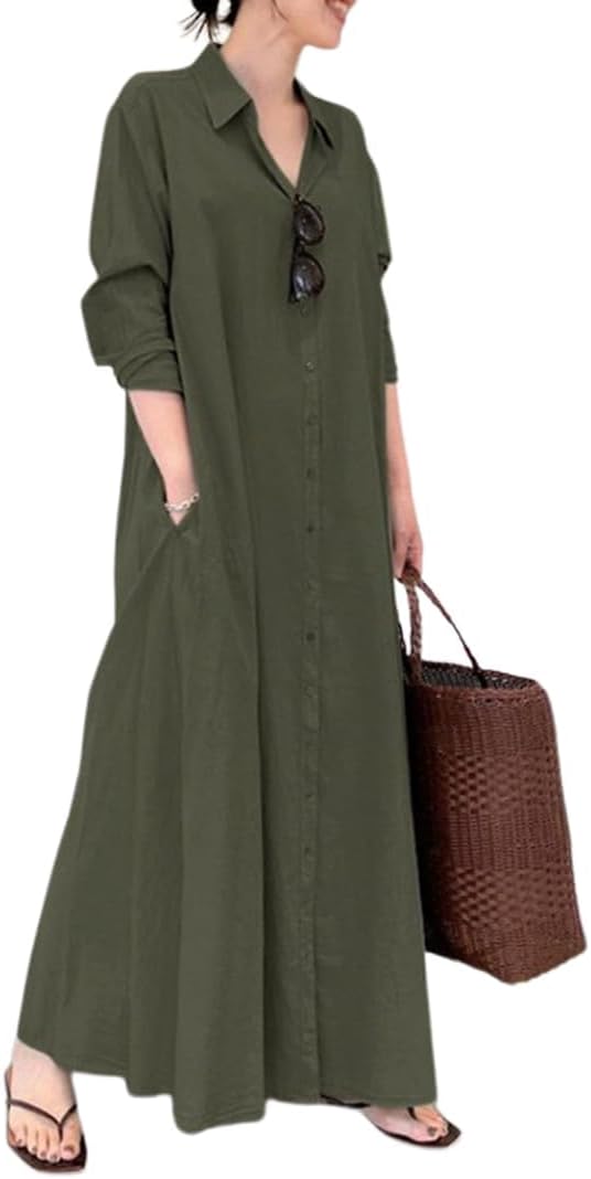 Womens Long Sleeve Cotton Linen Maxi Shirt Dress Plus Size Casual Loose Lapel Button Down Long Dress with Pockets