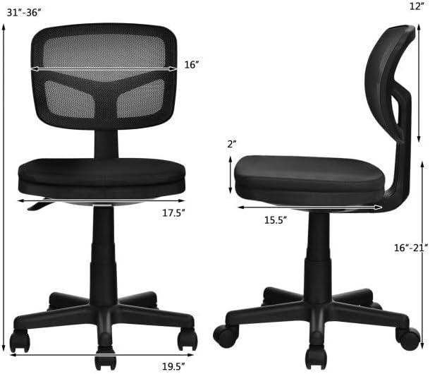 Miniatura 3 de Silla de trabajo ergonómica tapizada sin brazos, silla de oficina de malla ajustable en altura ajustable, silla de escritorio para computadora con