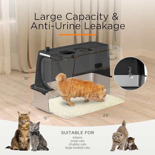 Image of Anywish Stainless Steel Cat Litter Box with Lid, XL Extra Large Enclosed Removable Metal Litter Box with Litter Scoop&Double Layer Litter Mat, Non-Sticky, Non-Odor, Easy Cleaning, for Big Cats, Black