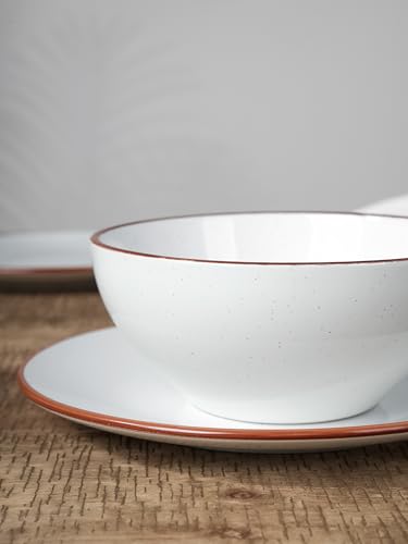 Image of Famiware Venus Stoneware Dinnerware Sets for 4, 12 Piece Plates and Bowls with Rim, Handcrafted Speckled Patterns, Matte White