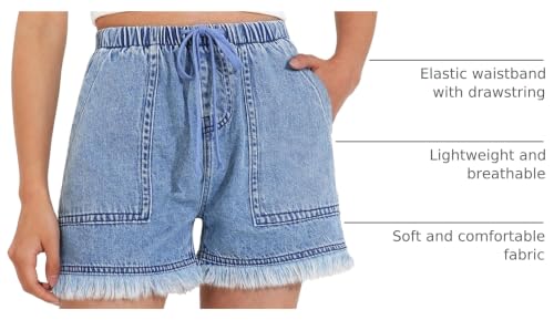 Image of BOOPH Girls Jean Shorts Denim Elastic Waist Drawstring Short for Teen Girl