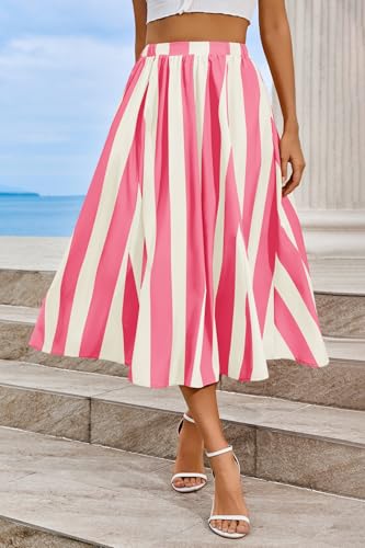 Image of Cicy Bell Womens Summer Striped Maxi Skirts A-Line Beach Vacation Outfits | Elastic Waist, Side Pockets, Flowy, Midi Length, Color Contrast, Trendy Casual