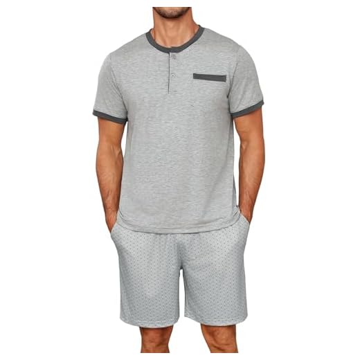 Jahetuul Ensembles de Pyjama Homme à Col Rond Été Pyjama Homme en Coton avec Boutons et Poches à Manches Courtes Pyjama Homme Court avec Short à Pois Vêtements de Nuit Homme