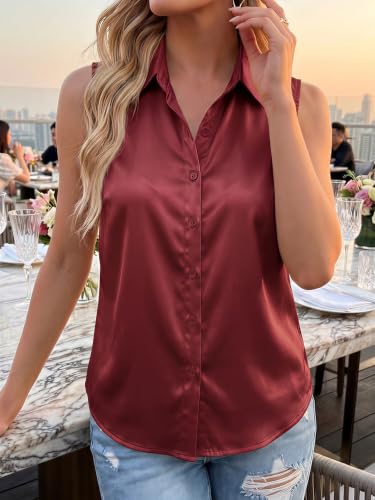 Image of Cicy Bell Womens Satin Sleeveless Button Down Shirts Work Blouse Silky Tops | V Neck, Collared Tank Tops, Professional, Office Clothes, Business Casual Outfits, Under Blazer Tops, Dress Down with Jeans