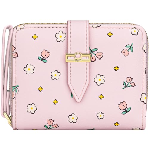 Wallet for Women Cute Rose Small Flower Women's Wallet RFID Credit Card Holder Purse with Exterior Zipper Around Coin Purse (Pink)
