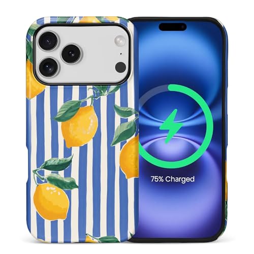 Coque iPhone 17 Pro rayures bleu citron MagSafe pour le quotidien