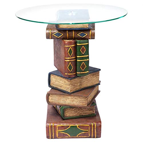 Design Toscano Stacked Book Volumes Vintage Decor End Table With Glass Top, 20 Inch, Polyresin, Full Color #TOP1