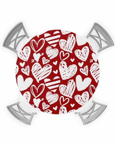Gsypo Valentine's Day Round Fitted Table Cover, Waterproof Red Love Hearts Elastic Edged Tablecloth, Wipeable Oil Proof Valentines Table Cloth Anniversary Wedding Dinner Party Decor, Fit to 36" - 44"