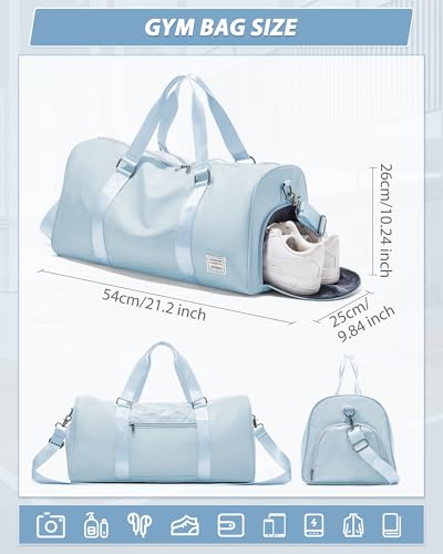 Image of Gym Bag for Women Men with Shoe Compartment,Small Travel Duffle Bags for Traveling Overnight Weekender Bag Personal Item Travel Bag Large Sport Gym Bag Workout Bag Hospital Holdalls Sky Blue