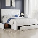 VECELO Queen Size Bed Frame with 3 Storage Drawers, Leather Upholstered with Diamond Tufted Headboard, Solid Wood Slat Support, No Box Spring Needed, PU & White