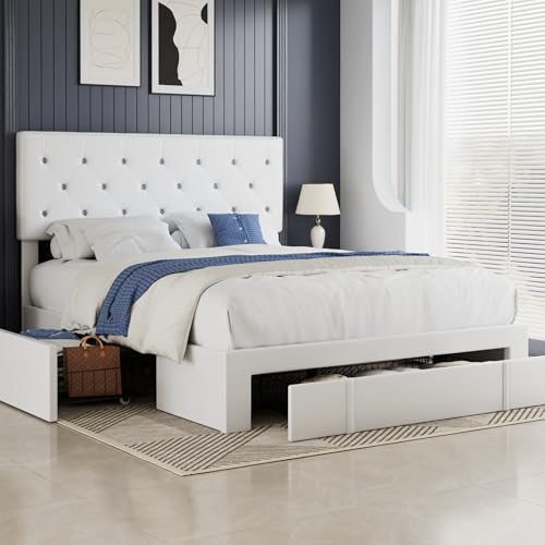 VECELO Queen Size Bed Frame with 3 Storage Drawers, Leather Upholstered with Diamond Tufted Headboard, Solid Wood Slat Support, No Box Spring Needed, PU & White
