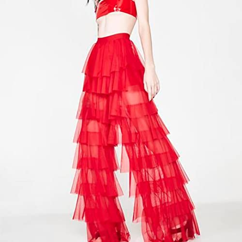 Women's Long Tiered Ruffled Tulle Pants Sheer Mesh Evening Party Layered Pants3