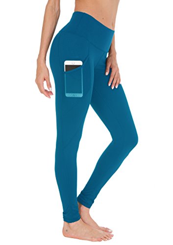 QUEENIEKE Polainas de Yoga para Mujeres Power Flex Mesh de Cintura Alta con 3 Bolsillos de Teléfonos para Correr Color Mar Azul Tamaño S Cover