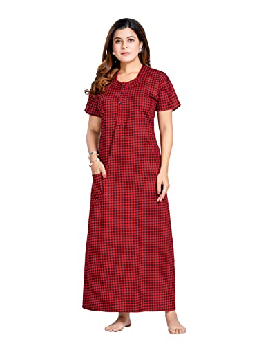 Image of PNAEONG Women's Printed Cotton Nighty, Gown Maxi - Free Size RedChecks
