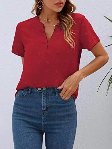 Kaqonal Womens Summer V Neck Short Sleeve T-Shirts Casual Fashion Swiss Dot Blouses Tops Red, Large #TOP3