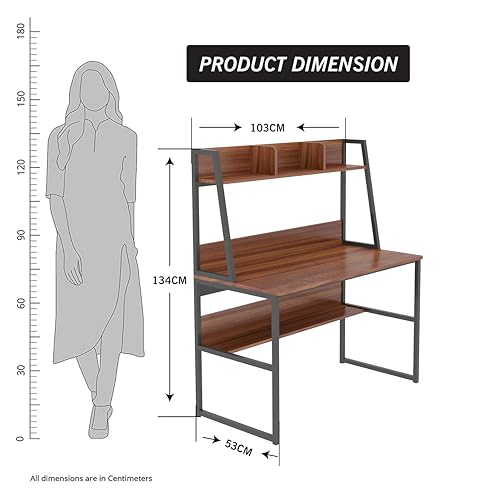 Image of Callas Office Study Table with Bookshelf & Storage Shelf - Black Metal Frame (Walnut, ST-21)