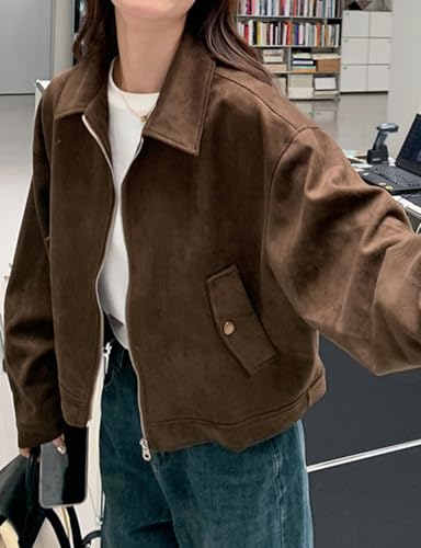 Mywinway Suede Jacket for Women 2025 Fall Winter Cropped Y2k Oversized Faux Leather Crop Blazer Jackets2