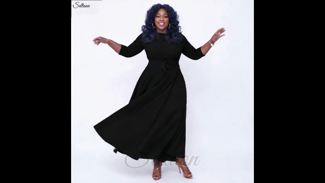 Seltaon Casual Plus Size Maxi Dress for Women 3/4 Sleeve High Waist Flowy Ruffle Fall Dresses with Belt Black at Amazon Women's Clothing store