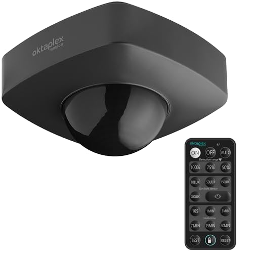 Oktaplex Tim Détecteur de Mouvement extérieur 360 degrés avec télécommande Capteur de Mouvement Infrarouge Plafond IP65 Anthracite 230V