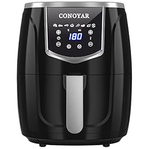 CONOYAR Heteluchtfriteuse, 4,5 l, XXL, 1300 W, airfryers, heteluchtfriteuse zonder olie met digitaal led-touchscreen en 8 programma’s, nauwkeurige temperatuurregeling met recept, Rapid Air, zwart,