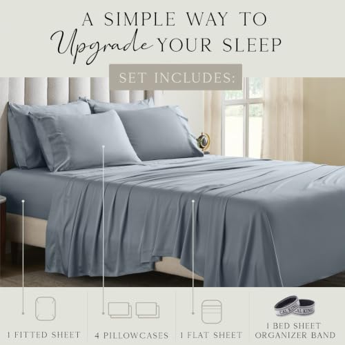Image of KARISSA MAE 6 Piece Luxury Bamboo Viscose Cal King Sheet Set, 4 Pillowcases | FSC Certified | Cooling | Ultra Soft | 18 inch Deep Pockets | Elastic Corner Straps | Includes Organizer Band [Chambray Blue]