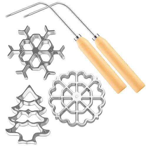Bunuelos Mold with Handle, Rosette Iron Mold Set Cooking Stamp Maker Kit, Aluminum Alloy Cookie Cutter Waffle Maker with 2 Handles & 3 Interchangeable Head Christmas Tree Snowflake Flower