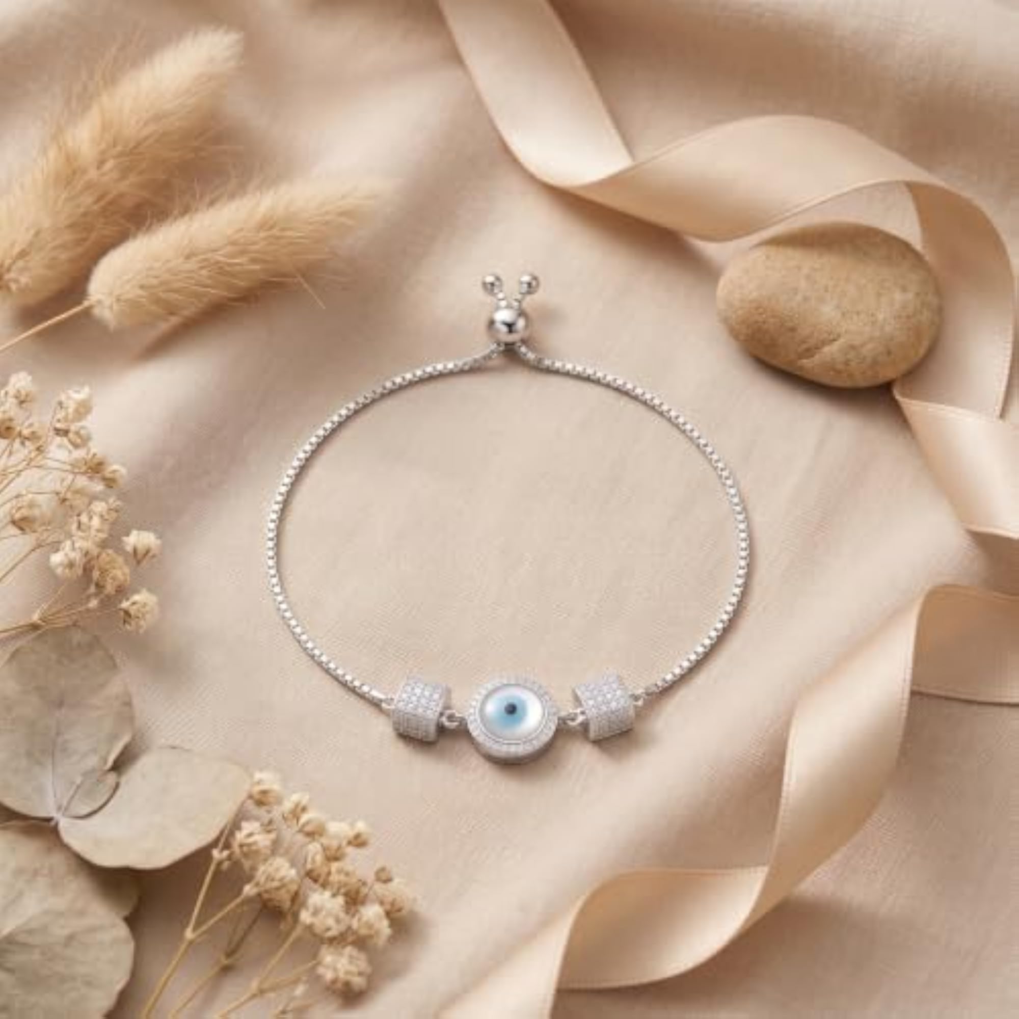 Women's 925 Sterling Silver Square Diamond Box Evil Eye Adjustable Bracelet