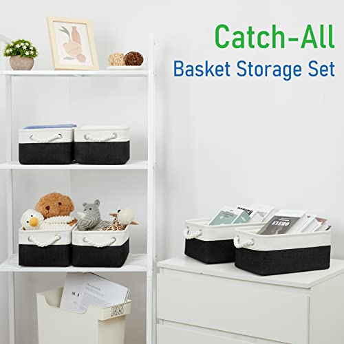 Bidtakay Small Canvas Storage Baskets With Handles Collapsible Rectangular Fabric Baskets For Dog Toys Small Toy Organizer Bins For Shelf Bookcase Linen Rectangle Bins For Nursery Baby Storage (White&Black, 11.8 X 7.8 X 5 Inches) #TOP2
