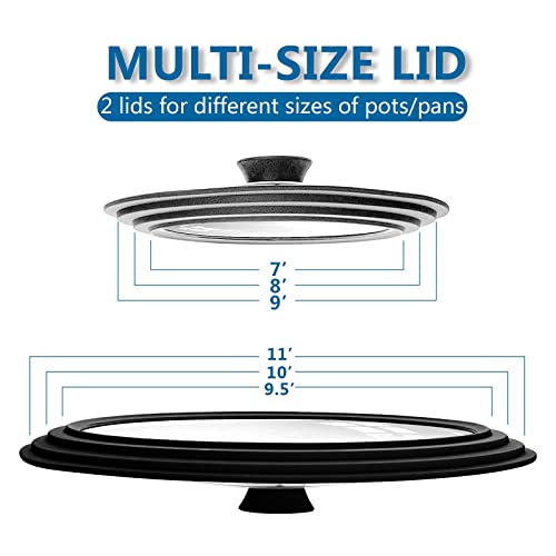 Nbftltop 2-Piece Tempered Glass Universal Lid Set, Multi-Sized Frying Pan Pot Lids With Silicone Rim Steam Vented Holes For 7 To 11 Inch Cookware, Dishwasher Safe Replacement Lids Gray Black #TOP1