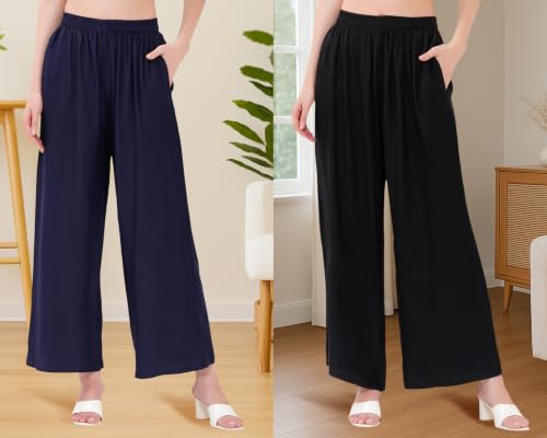 Image of Buy That Trendz Palazzo Pants for Women Rayon Elasticated Regular Fit Flared Wide Leg M to 6XL Pack of 2