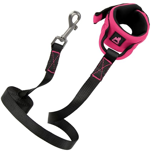 Image of Gooby Neoprene Wristband Sport Leash, Pink, 6 FT | Hands-free wristband; Neoprene padded cushion; 6 ft; Adjustable hook-and-loop fastener; All-weather