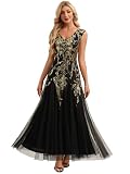 Ever-Pretty Vestido de Noche Gala Mujer Lentejuelas Largo de Fiesta Sin Mangas con Tul Oro Negro 44