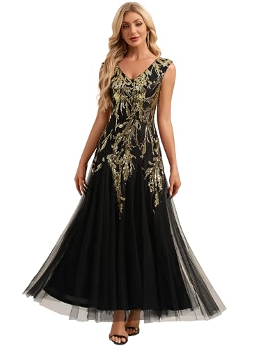 Ever-Pretty Robe de Soirée Chic Col en V Manches Courtes Paillette Maxi Robe évasée Or Noir 36