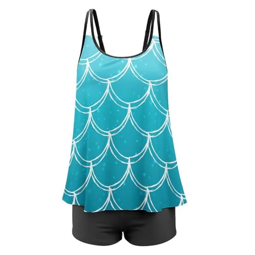 Tankini écaille de sirène bleue avec shorty couvrant pour dissimuler les rondeurs