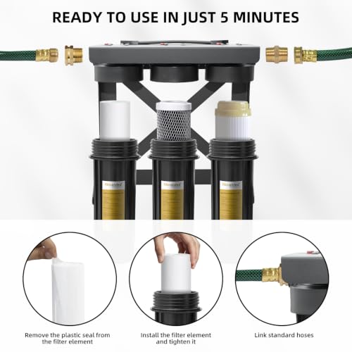 Image of Filterelated Upgraded 3-Stage RV Water Filter w /Bracket, PP+Polyphosphate, Carbon Block & 0.01μm UF, 3 /4 inch Brass Fittings, Reduces Sediment, Chlorine, Metals, Odors - for Camper, Boat, Garden