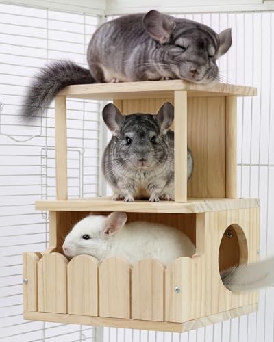 TriGia Paws 3-Tier Thick Wooden Chinchilla House and Hideout for Cage, Ventilated Safe & Sturdy Natural Chinchilla Hut for Sleep, Easy to Hang or Floor for Guinea Pig, Small Pet Shelter Accessories