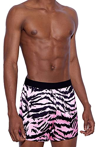 Men's Silk Boxer Shorts - Pure Mulberry Silk Underwear, Luxury Sleepwear, Pajamas Lounge Shorts - Improved Waistband (Large, Pink Tiger Stripe)