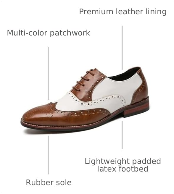 Men Brogues Wingtip Lace up Brown White Oxford Gatsby Derby Dress Shoes by HuitJours - Used condition - Image 3