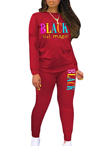 ECDAHICC Womens 2 Piece Set Outfits Sweatsuits Long Sleeve Shirt Bodycon Sweatpants Black Girl Magic Letter Printed(WR-XL)