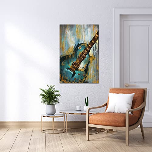 Sechars Music Canvas Wall Art Guitar Painting On Canvas Abstract Teal And Gold Pub Bar Decor Artwork Framed Ready To Hang 24X36Inch #TOP3