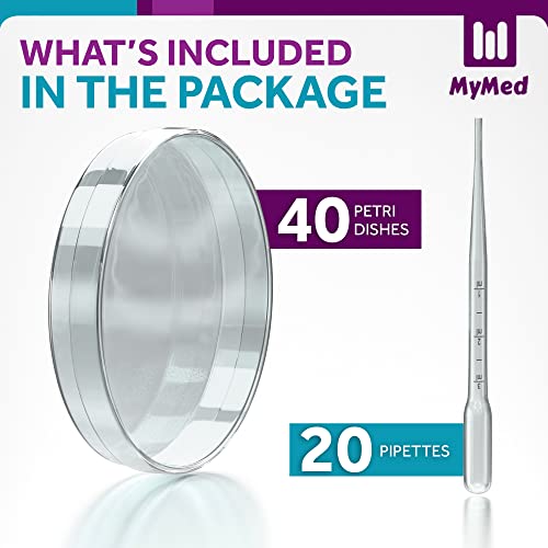 Mymed Pack Of 40 Sterile Petri Dishes With Lids (90 X 15 Mm), 2Ml Plastic Pipettes For Lab Analysis, School Projects, Blood Samples, Bacteria, Plant & Seed Cultivation Petri Dish (40) #TOP6