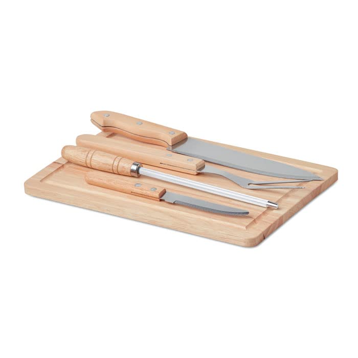 Hochwertiges Edelstahl Grill-BBQ-Set aus 5 Teilen mit Messern, Schneidebrett, Schärfer und Gabel - Schaft und Brett aus Bambus - inklusive Tasche von notrash2003
