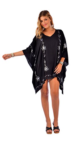 Womens Embroidered Poncho Cover-Up Black and White